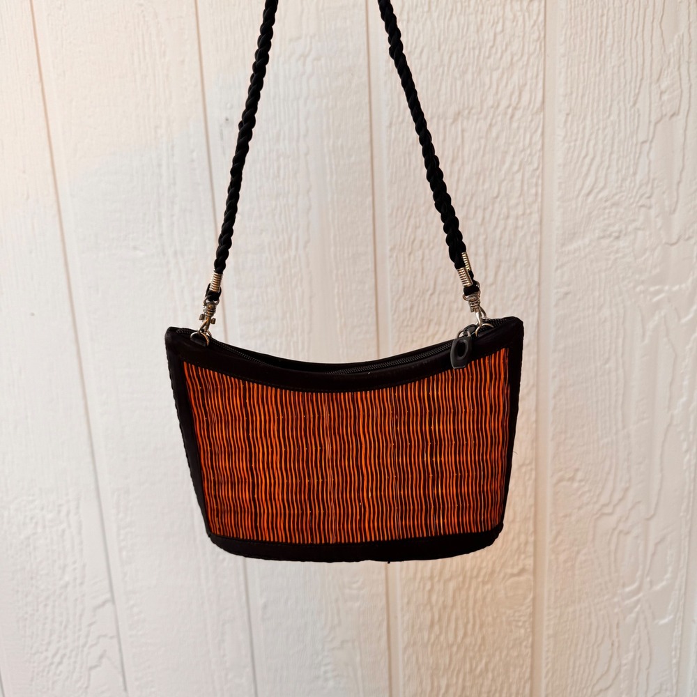 Handcrafted Baskets of Cambodia‎ Woven Orange Black Shoulder Bag Purse Lined